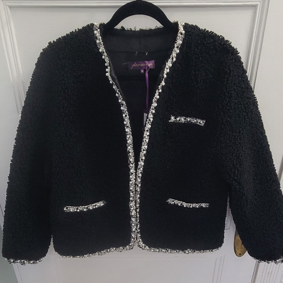 Glamourpuss NYC Faux Fur Blazer Black with Embroidered Pearl Trim Size M/L - Picture 1 of 8